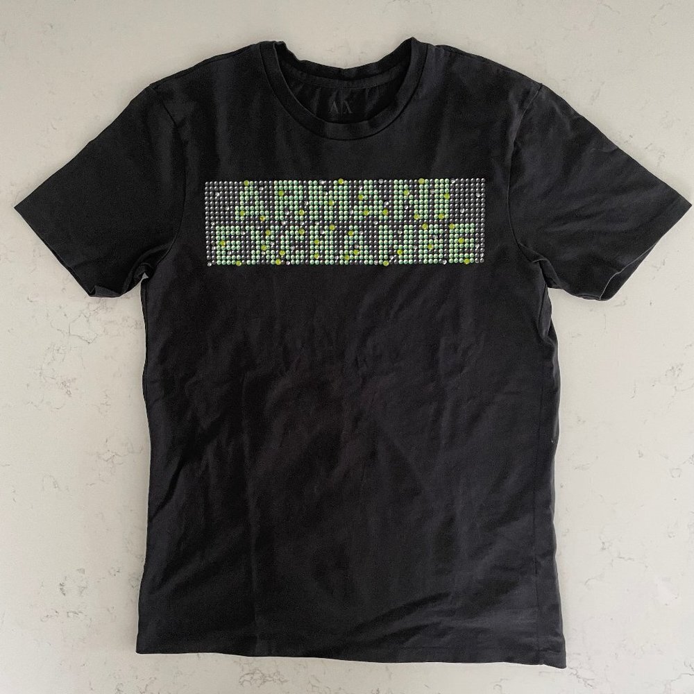Armani Exchange Casual SS Crew Neck Cotton T Shirt Black Green w Beading Sz S
